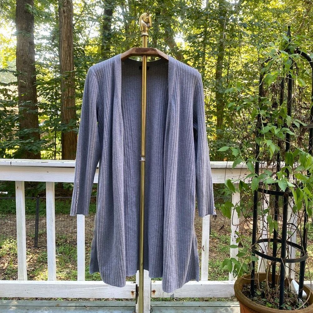 Talbots Grey Knit Ribbed Long Open Cardigan Sweater